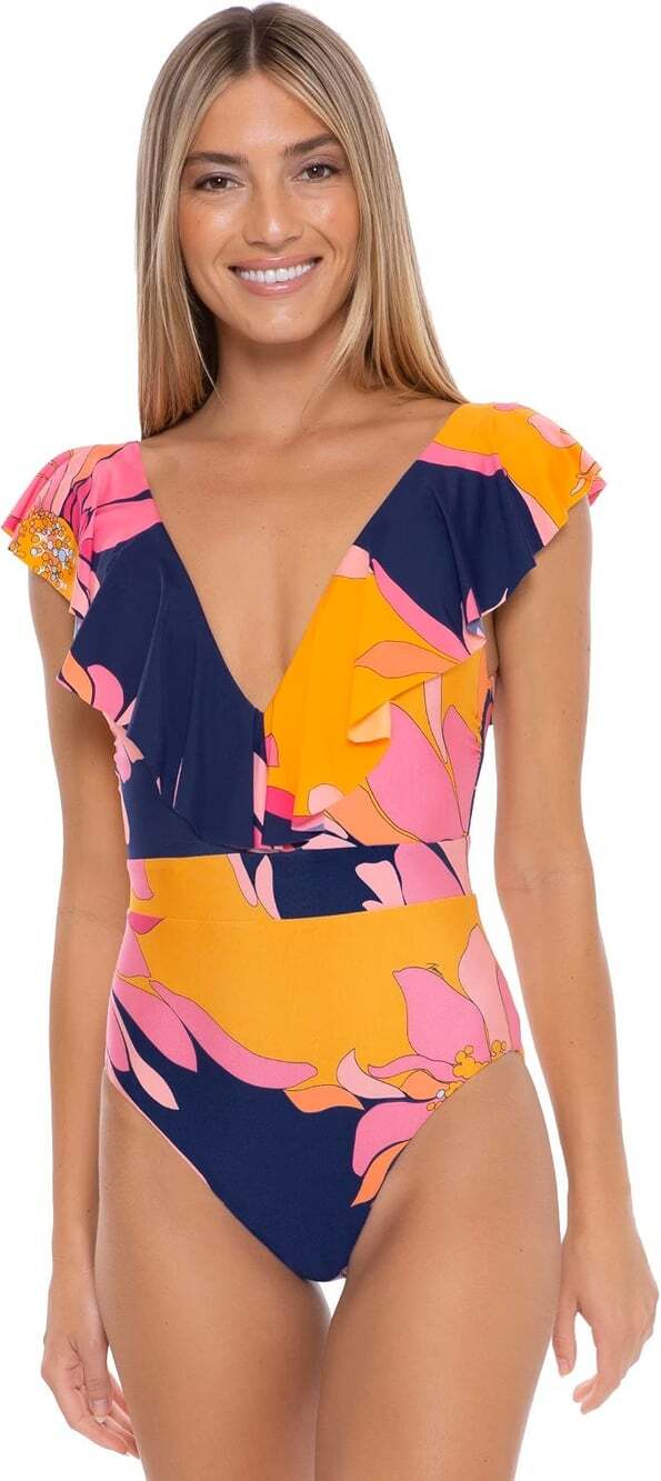 Trina Turk Breeze Ruffle one piece swimsuit vibrant resortwear tropical size 2 N